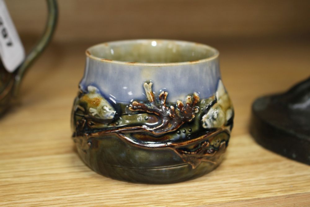 A Royal Doulton fish and pond weed three-piece tea set, designed by George Tinworth, made c.1905, teapot 13cm high